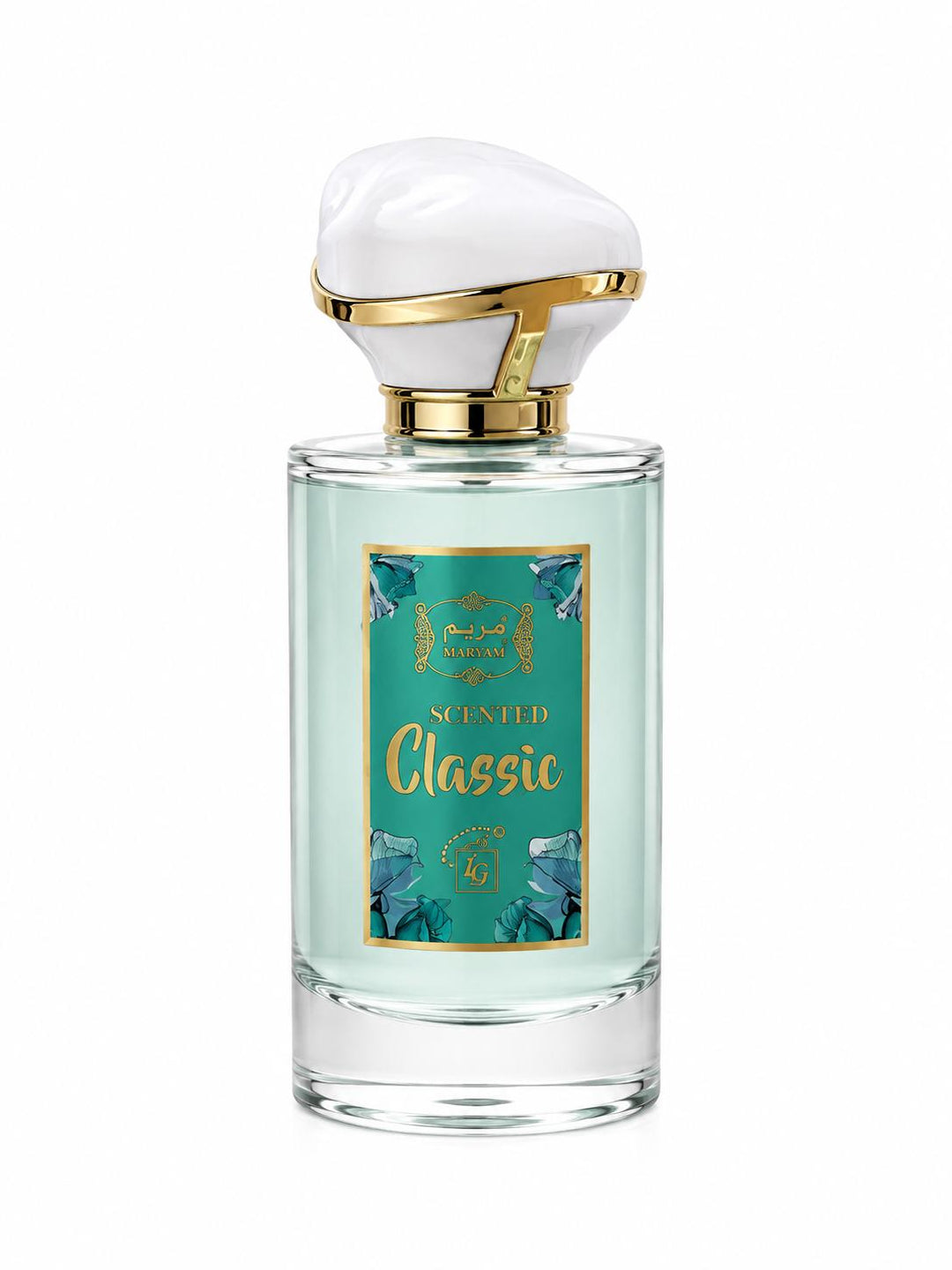 A clear glass bottle of scented liquid with a white sculptural cap, gold trim, and a teal label reading 'Scented Classic' on a white background.
