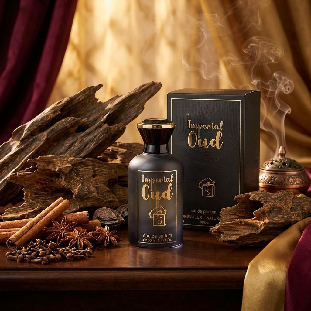A dark glass bottle of Imperial Oud Eau de Parfum stands beside its matching black box on a wooden table, surrounded by dried wood, cinnamon sticks, star anise, and a smoking incense burner against draped gold and burgundy fabric.