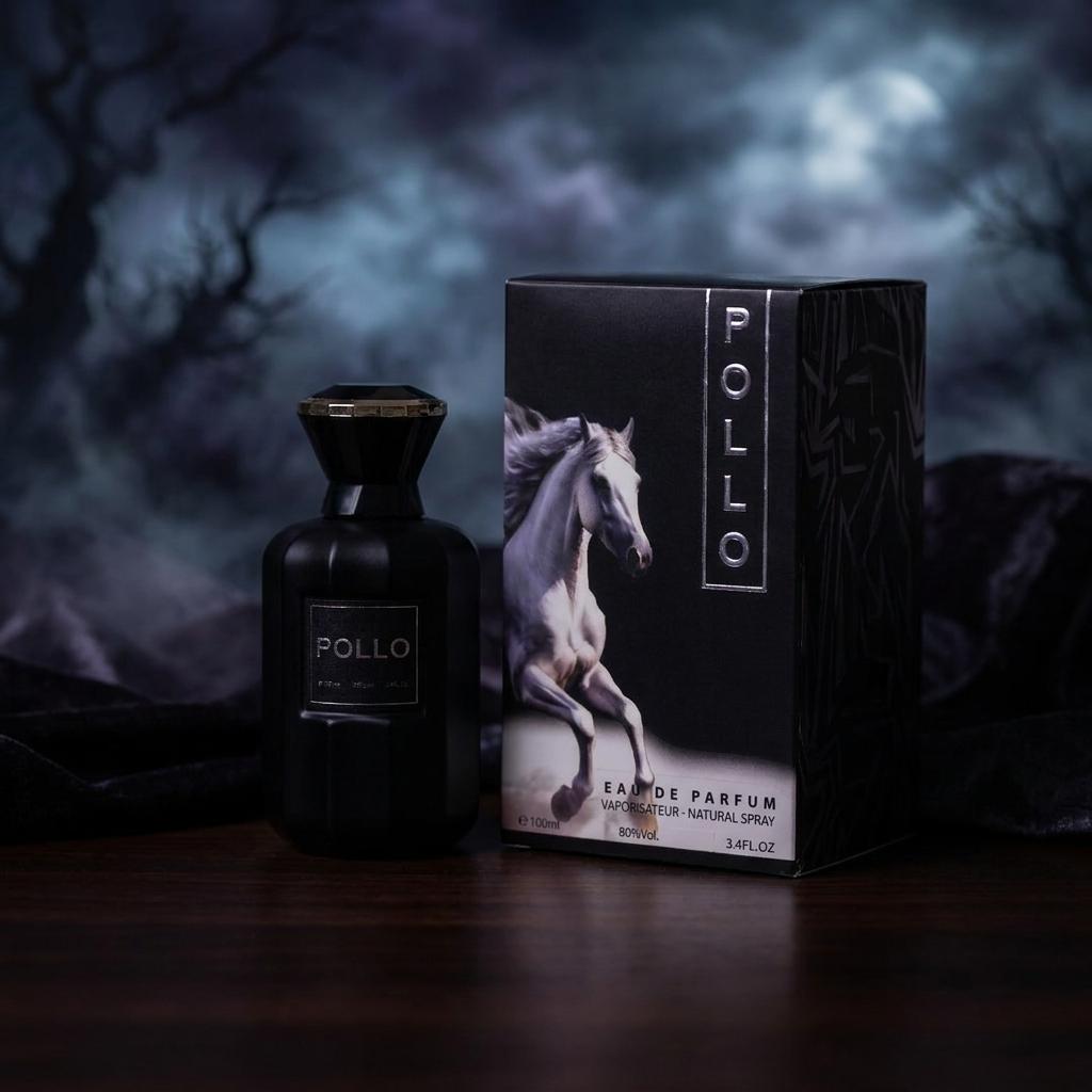 A dark glass perfume bottle labeled POLLO stands beside its matching product box on a wooden surface, with a moody, smoky forest scene in the background.
