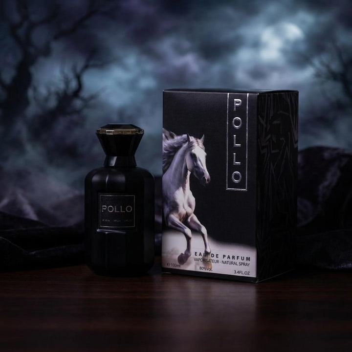 A dark glass perfume bottle labeled POLLO stands beside its matching product box on a wooden surface, with a moody, smoky forest scene in the background.