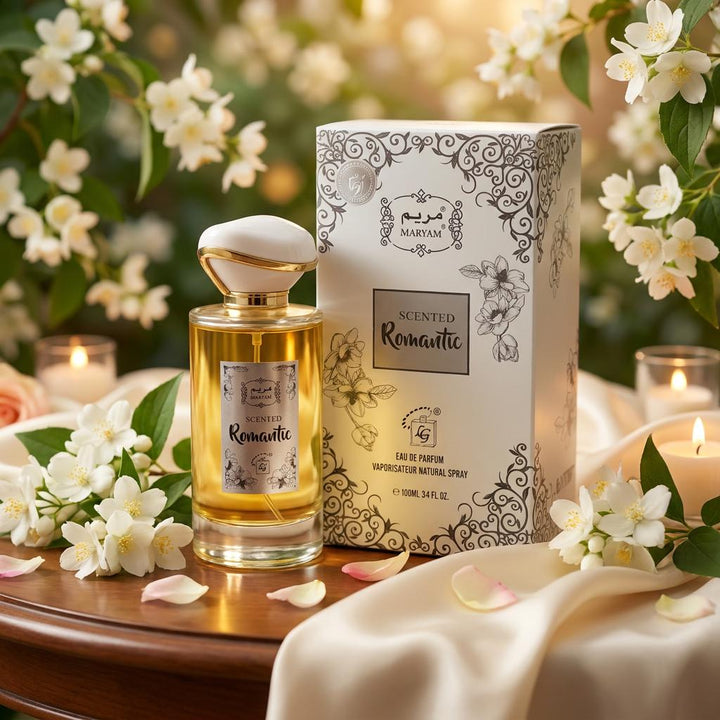 A bottle of romantic-scented perfume with a white cap stands beside its ornate white box on a wooden table, surrounded by white flowers, petals, and lit candles in a warm, styled setting.