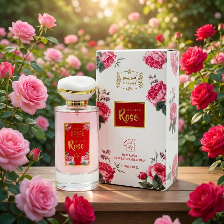 A perfume bottle and its matching box, both decorated with pink rose illustrations and labeled 'Rose' and 'MADAM', displayed on a wooden surface surrounded by real pink roses in a garden setting.