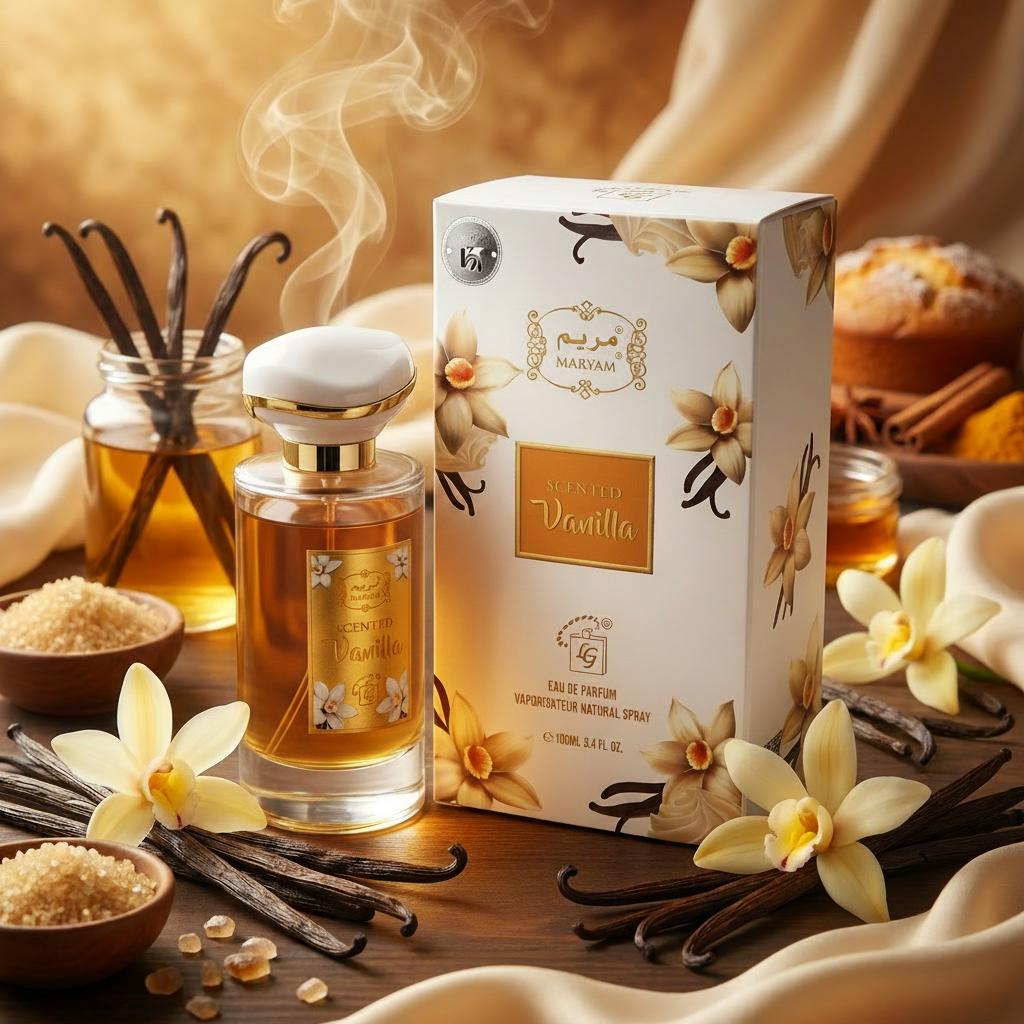 A perfume bottle and its matching box for 'Vanilla' by the brand 'Maramly' are displayed on a wooden table surrounded by vanilla beans, flowers, and warm drapery.