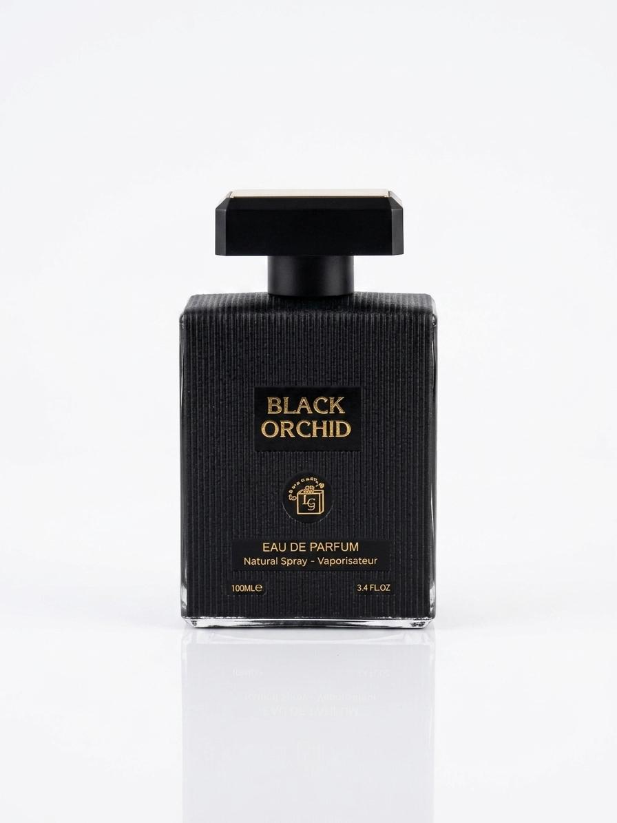 A rectangular black perfume bottle with a textured surface, a black cap, and gold lettering that reads 'BLACK ORCHID' and 'EAU DE PARFUM'. The bottle is centered on a clean white background with a soft reflection below.